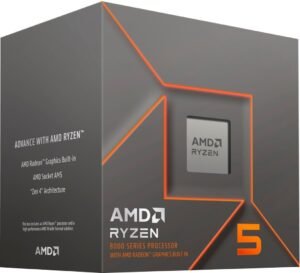 AMD Ryzen 5 8500G CPU. A budget-friendly processor with 6 cores, 12 threads, integrated Radeon graphics suitable for entry-level gaming, and support for DDR5 memory