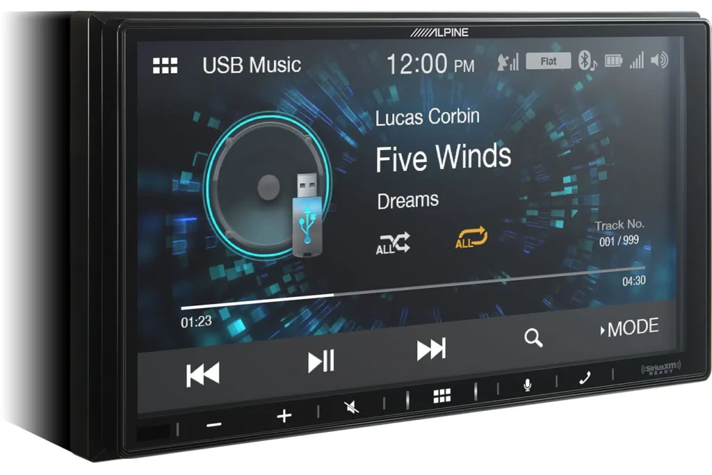 Image of the Alpine iLX-W650 double-DIN head unit. Features a 7-inch capacitive touchscreen, wired Apple CarPlay and Android Auto, and a slim profile for easy installation, offering excellent value and functionality for in-car multimedia needs.