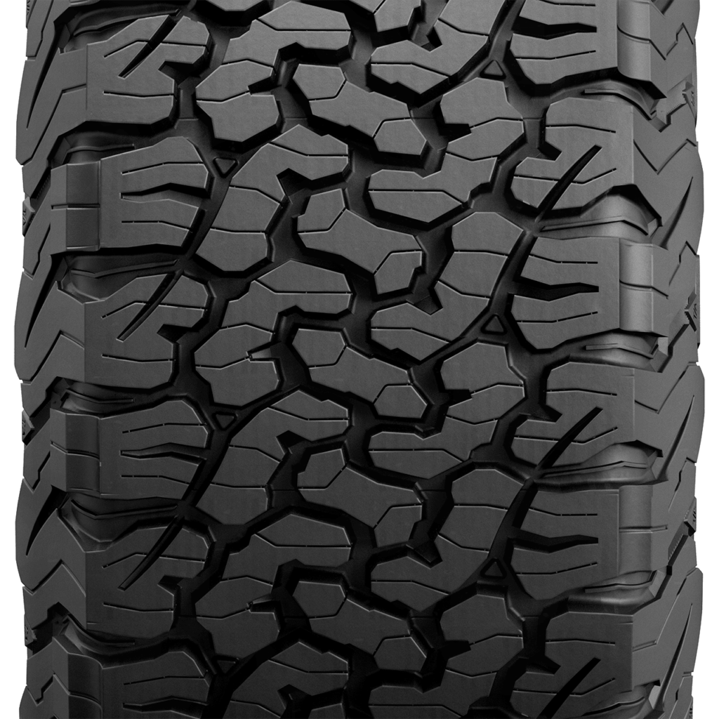 BFGoodrich All-Terrain T/A KO2 tire. A rugged all-terrain tire known for its strong sidewall protection, excellent off-road traction in mud and snow, and durable construction suitable for overlanding