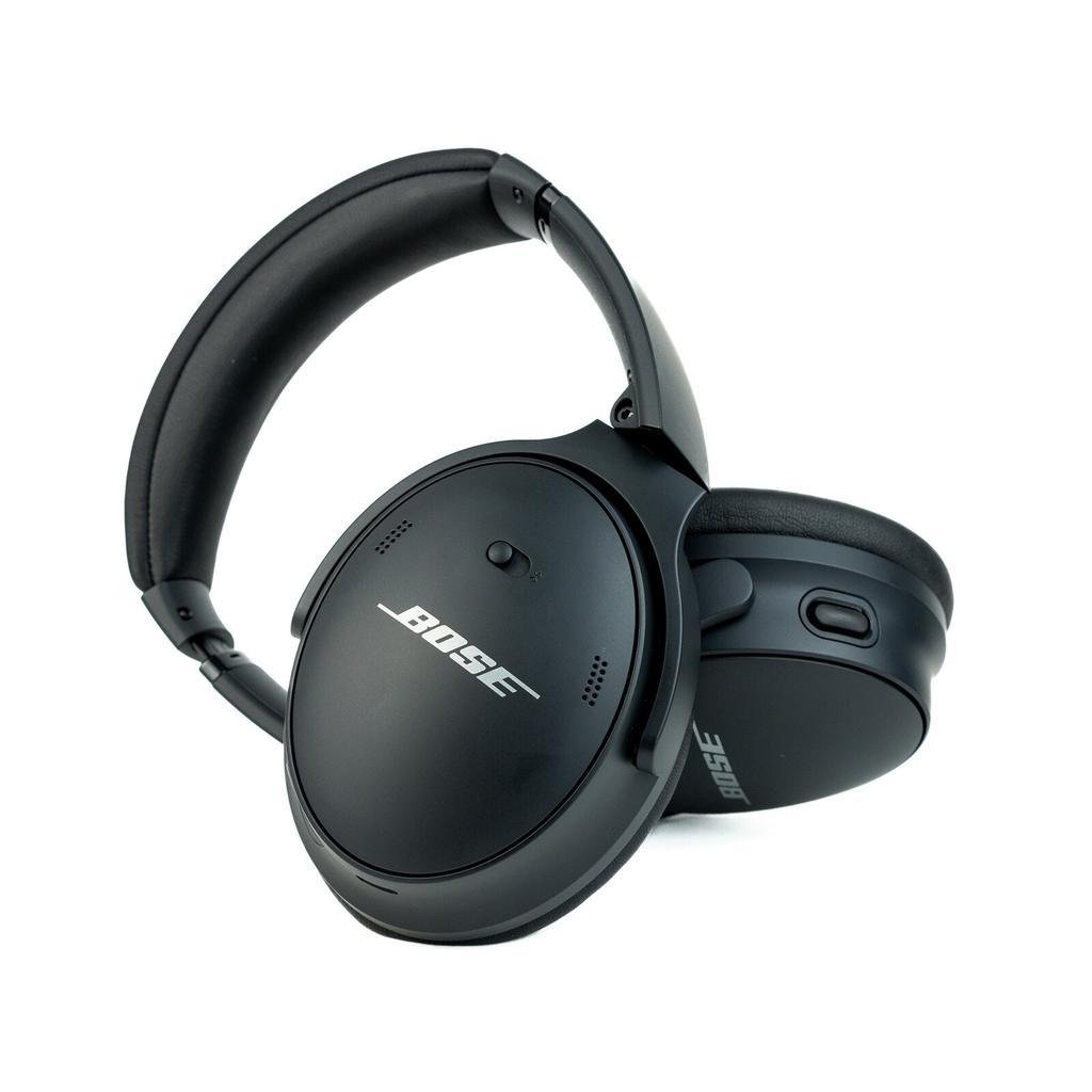 Image of Bose QuietComfort 45 headphones. Lightweight over-ear wireless headphones known for their excellent active noise cancellation, 24-hour battery life, and comfortable design, ideal for long listening sessions and travel.