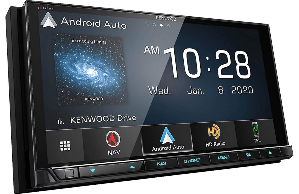 Image of the Kenwood Excelon DNX997XR double-DIN head unit. Features a 6.8-inch HD capacitive touchscreen, built-in Garmin navigation, wireless Apple CarPlay and Android Auto, and advanced audio capabilities, ideal for premium in-car entertainment and navigation.