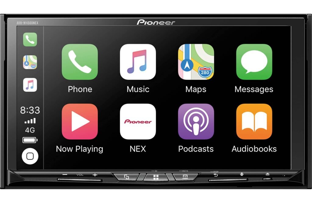 Image of the Pioneer AVH-W4500NEX double-DIN head unit. Features a 6.94-inch touchscreen, wireless Apple CarPlay and Android Auto support, and advanced audio customization options, designed to enhance in-car multimedia and connectivity experiences