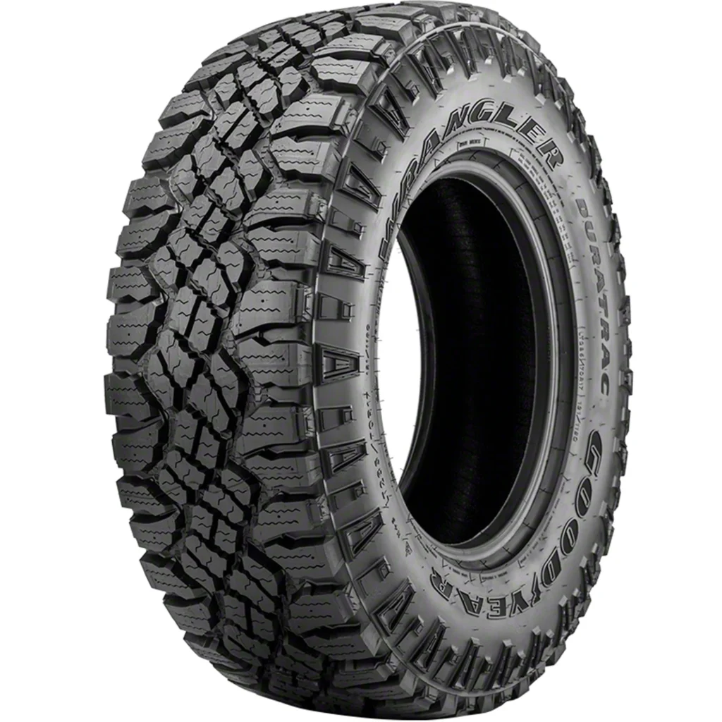 Goodyear Wrangler Duratrac tire. An aggressive all-terrain tire designed for excellent traction in snow and loose terrain, with TractiveGroove Technology and the option to add studs for extreme winter conditions