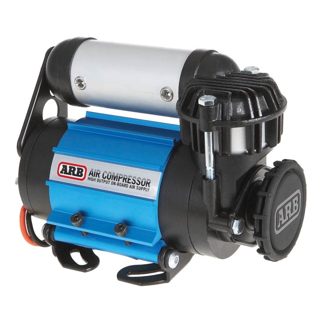 "ARB CKMTA12 Air Compressor: Heavy-duty twin-motor air compressor with a maximum pressure of 174 PSI, designed for fast inflation and durability, includes a mounting kit."