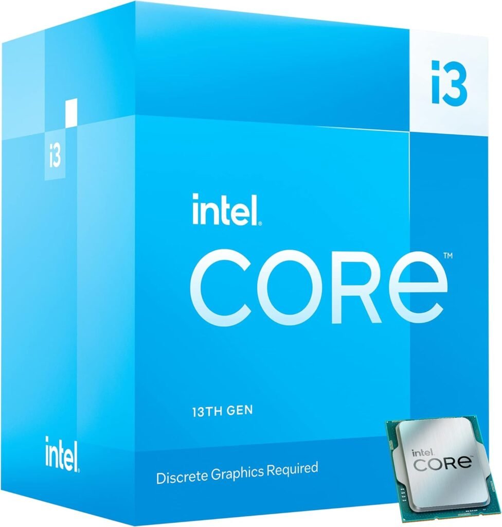 Intel Core i3-13100F CPU. A budget-friendly processor designed for gamers, featuring strong single-threaded performance and support for both DDR4 and DDR5 memory, but lacking integrated graphics