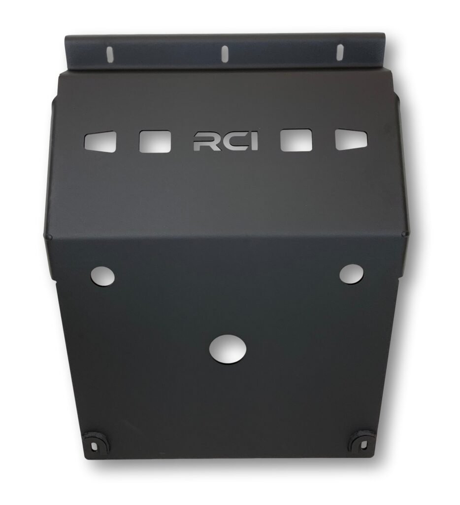 "Image of RCI Offroad skid plates installed on a vehicle, featuring durable steel or aluminum construction designed for comprehensive underbody protection, covering the engine, transmission, and fuel tank for off-road adventures."