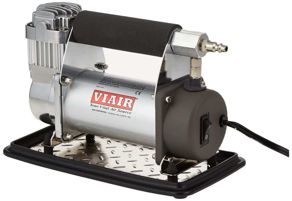 VIAIR 400P-RV Portable Compressor: High-performance air compressor with a maximum pressure of 150 PSI, featuring a 40-foot air hose and durable construction, designed for RVs and larger vehicles.