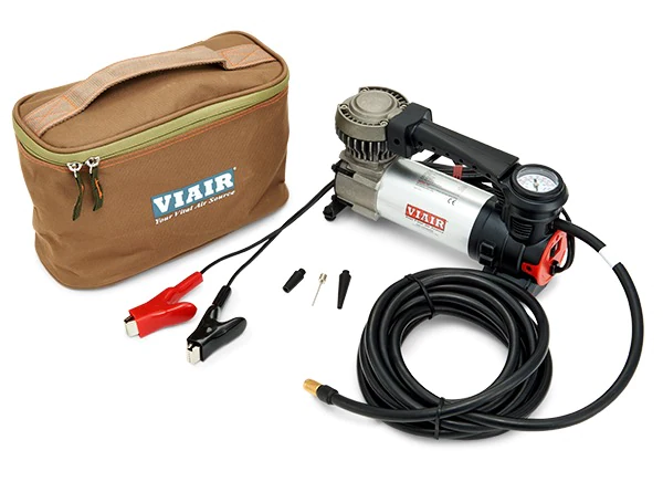 "Viair 88P Portable Air Compressor: Compact, rugged air compressor with a durable design, featuring a 16-foot power cord and a 4-foot air hose, ideal for off-road tire inflation and other applications."