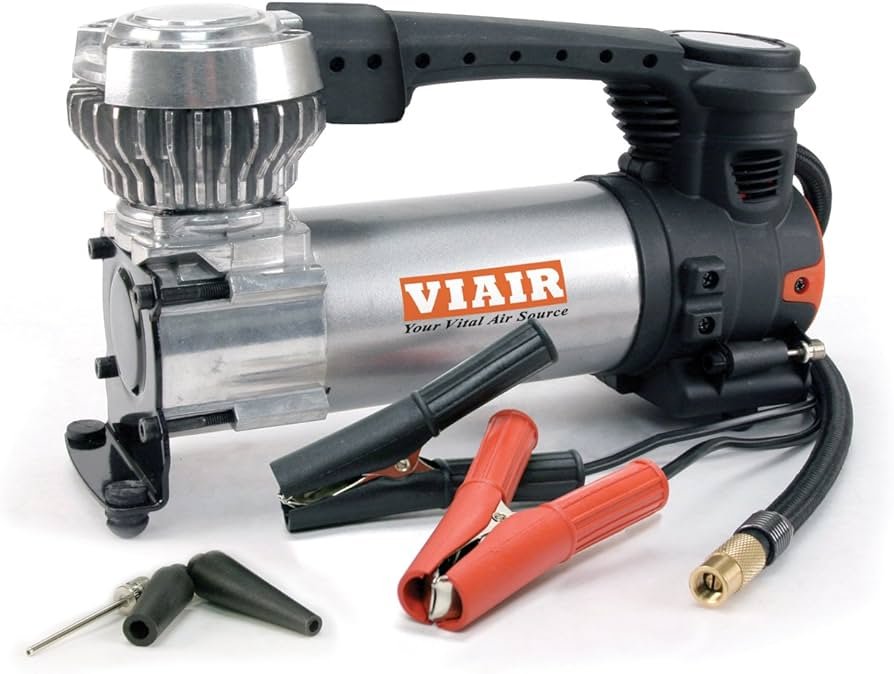 "Viair 88P Portable Air Compressor: Compact, rugged air compressor with a durable design, featuring a 16-foot power cord and a 4-foot air hose, ideal for off-road tire inflation and other applications."