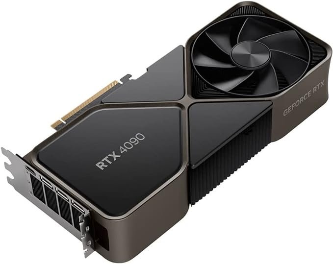 NVIDIA GeForce RTX 4090 graphics card with a sleek, modern design featuring a large dual-fan cooling system and black finish. It includes multiple HDMI and DisplayPort outputs, designed for high-performance gaming and advanced 3D rendering.