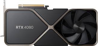 NVIDIA GeForce RTX 4080 graphics card with a sleek black and silver design, featuring dual large fans and multiple output ports, built for high-performance gaming and ray tracing at 1440p and 4K resolutions.