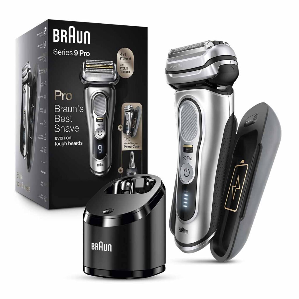 Braun Series 9 Pro 9477cc electric shaver with a silver and black design, flexible head, and charging station.