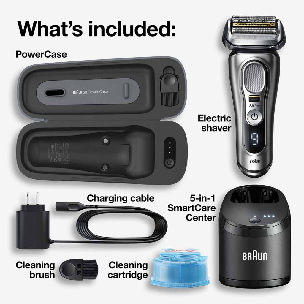 Braun Series 9 Pro 9477cc electric shaver with a silver and black design, flexible head, and charging station.