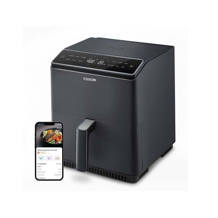 Cosori Dual Blaze Air Fryer: A compact air fryer with dual heating elements, a digital display, and a sleek design, perfect for efficient cooking.