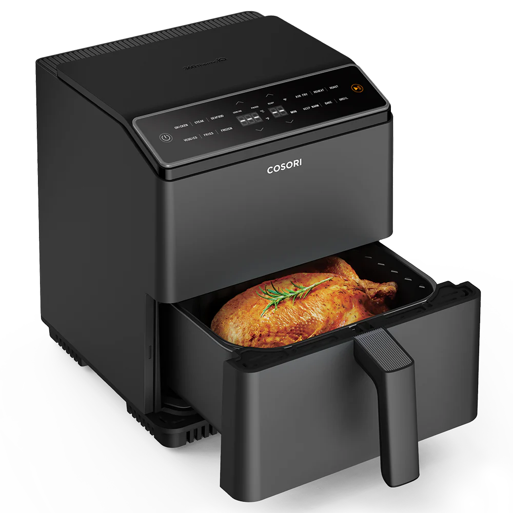 Cosori Dual Blaze Air Fryer: A compact air fryer with dual heating elements, a digital display, and a sleek design, perfect for efficient cooking.