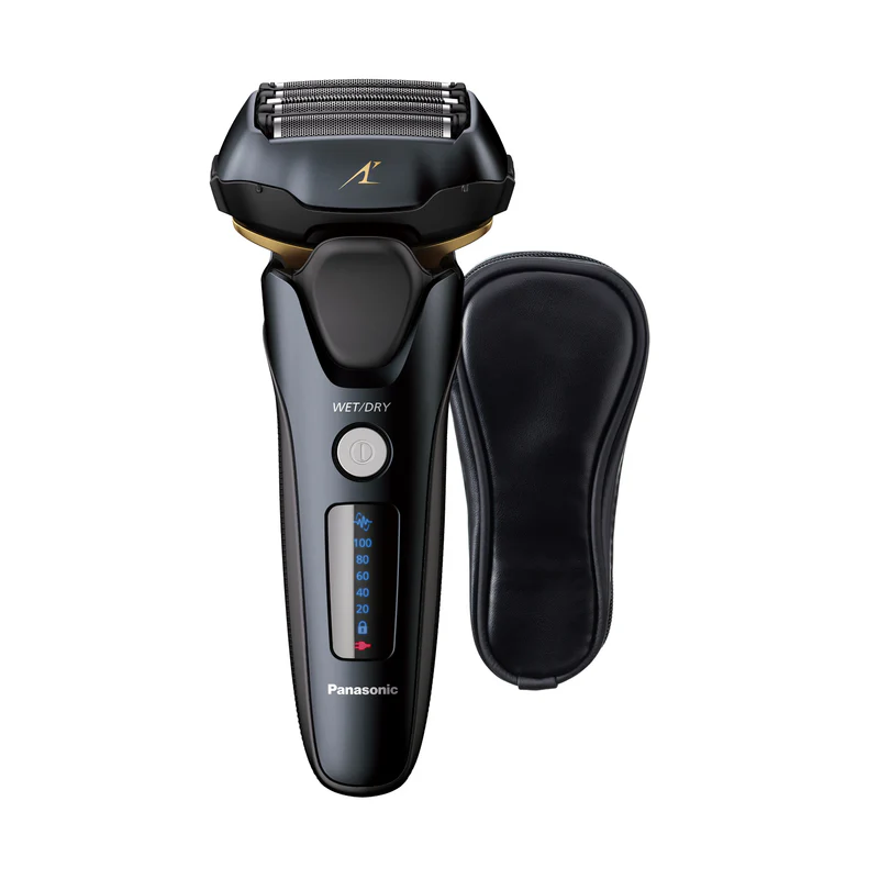 Panasonic Arc5 ES-LV97-K electric shaver in black, featuring a multi-flex pivoting head and charging/cleaning station.