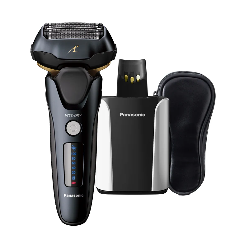Panasonic Arc5 ES-LV97-K electric shaver in black, featuring a multi-flex pivoting head and charging/cleaning station.