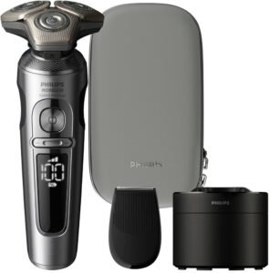 Philips Norelco Series 9000 Prestige SP9820/87 electric shaver with sleek metallic finish, precision blades, and flexible shaving head