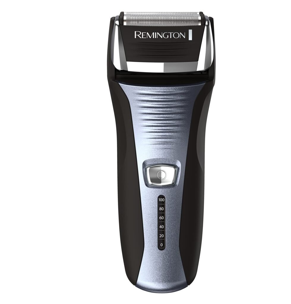 Remington F5-5800 foil shaver with a black and silver design, featuring a pivoting head and intercept shaving technology.