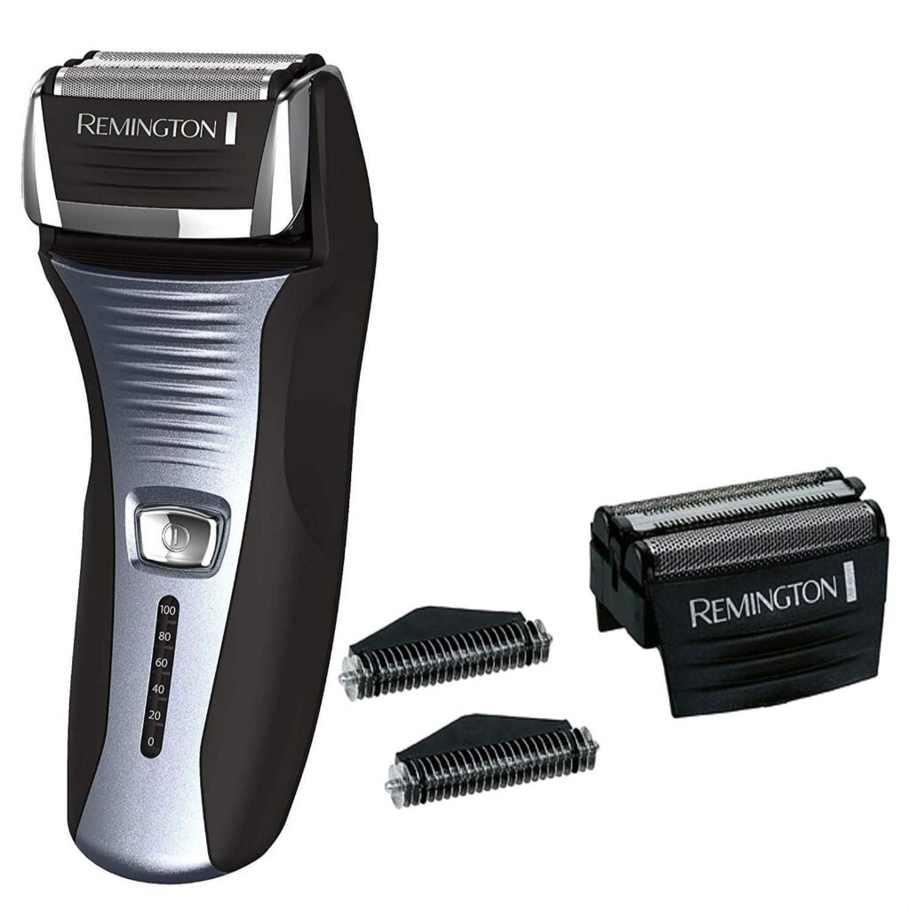 Remington F5-5800 foil shaver with a black and silver design, featuring a pivoting head and intercept shaving technology.