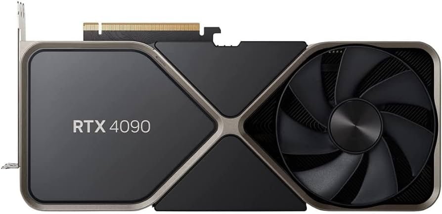 NVIDIA GeForce RTX 4090 graphics card with a sleek, modern design featuring a large dual-fan cooling system and black finish. It includes multiple HDMI and DisplayPort outputs, designed for high-performance gaming and advanced 3D rendering.