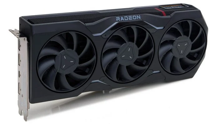 AMD Radeon RX 7900 XTX graphics card with a bold, black and red design, featuring triple-fan cooling and multiple HDMI and DisplayPort outputs, optimized for high-end gaming and 4K performance.