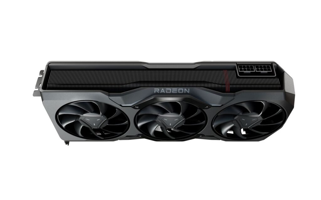 AMD Radeon RX 7900 XTX graphics card with a bold, black and red design, featuring triple-fan cooling and multiple HDMI and DisplayPort outputs, optimized for high-end gaming and 4K performance.